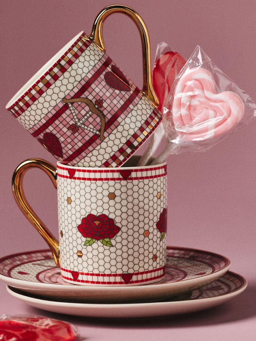 Anthropologie Bistro Espresso Cup Saucer 24KT Tile Stoneware Heart Bow & Arrow - Picture 6 of 14